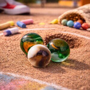 Vintage 1” Shooter Marble Trio – Marble King Green/Orange Patch & Caramel Swirl